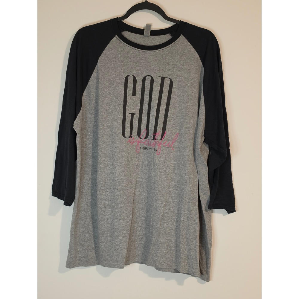 Jerzees Baseball Tee Women 2XL Gray Tri-Blend Raglan God is Faithful Christian